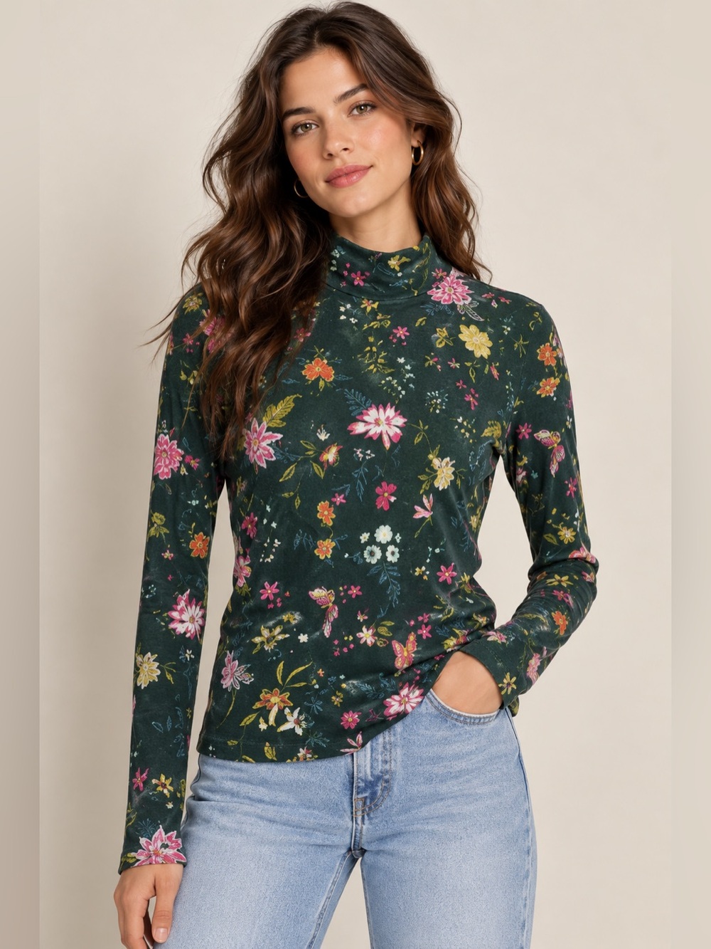 Maeve Anthropologie Turtleneck‎ Floral Butterfly Green